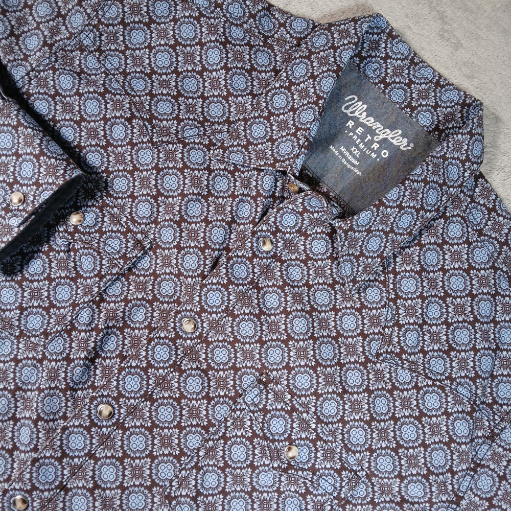 Wrangler Retro Premium Shirt Mens XXL Blue Brown Medallion Modern Cotton Western